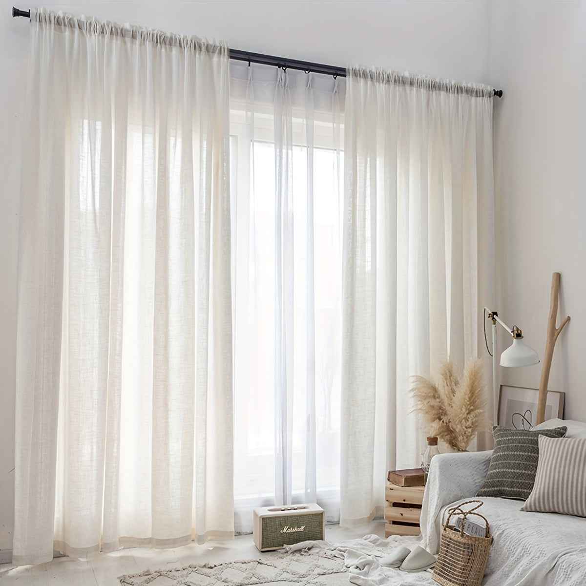 2pcs Beige Linen Sheer Curtains - Japanese Style, Light Filtering & Privacy Rod Pocket Design for Living Room and Bedroom Decor, Curtains for Living Room