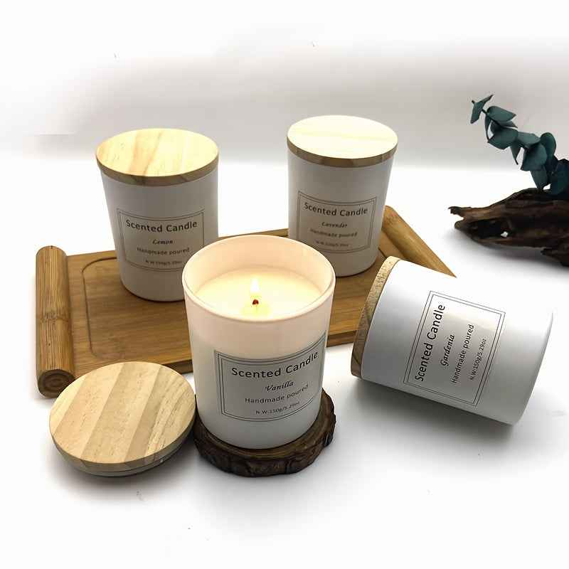 4-bottle Aromatherapy Candle Set | White Wooden Lid Glass Bottle Soy Wax Home Aromatherapy Candle Gift Box, 5.29oz, 35 Hours Burning, Wedding, Birthday, Halloween, Thanksgiving, Christmas Gift, Gardenia/Lavender/Lemon/Vanilla