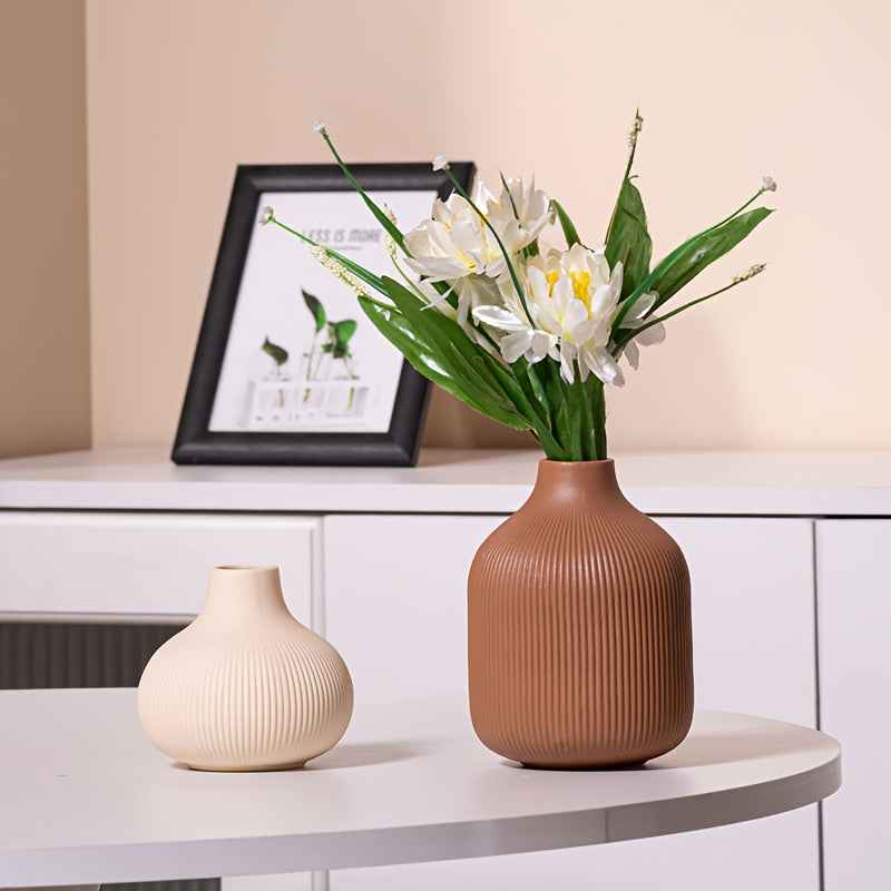 Ceramic Vase Set - Modern Nordic Minimalist Tall & Short Vases with Beige, Mustard Yellow, Brown & White Striped Patterns - Elegant Table Centerpiece for Home, Office, Dining Room Decor - Durable Ceramic Vases for Contemporar
