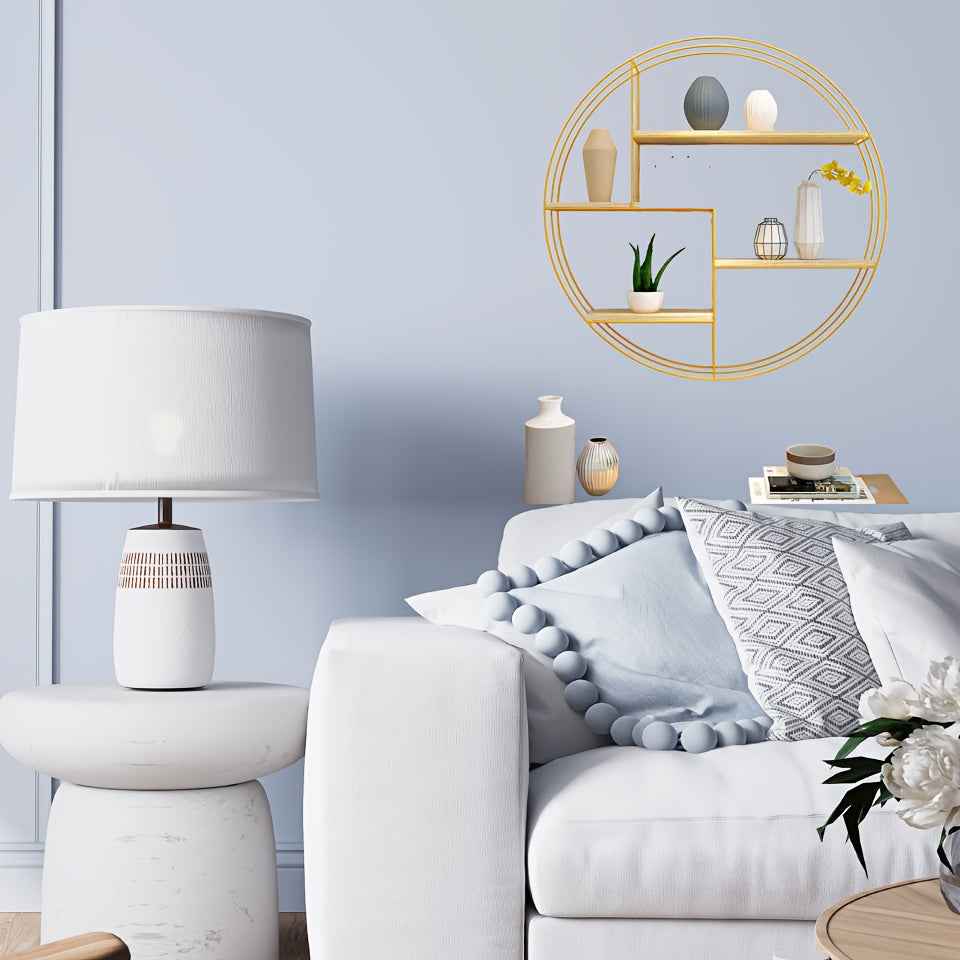 Golden, black, four-layer multi-functional storage shelf, round wall-mounted floating shelf - iron and wood combination, living room, bedroom, bathroom, dining and farmhouse storage multi-functional organizer (lights not incl