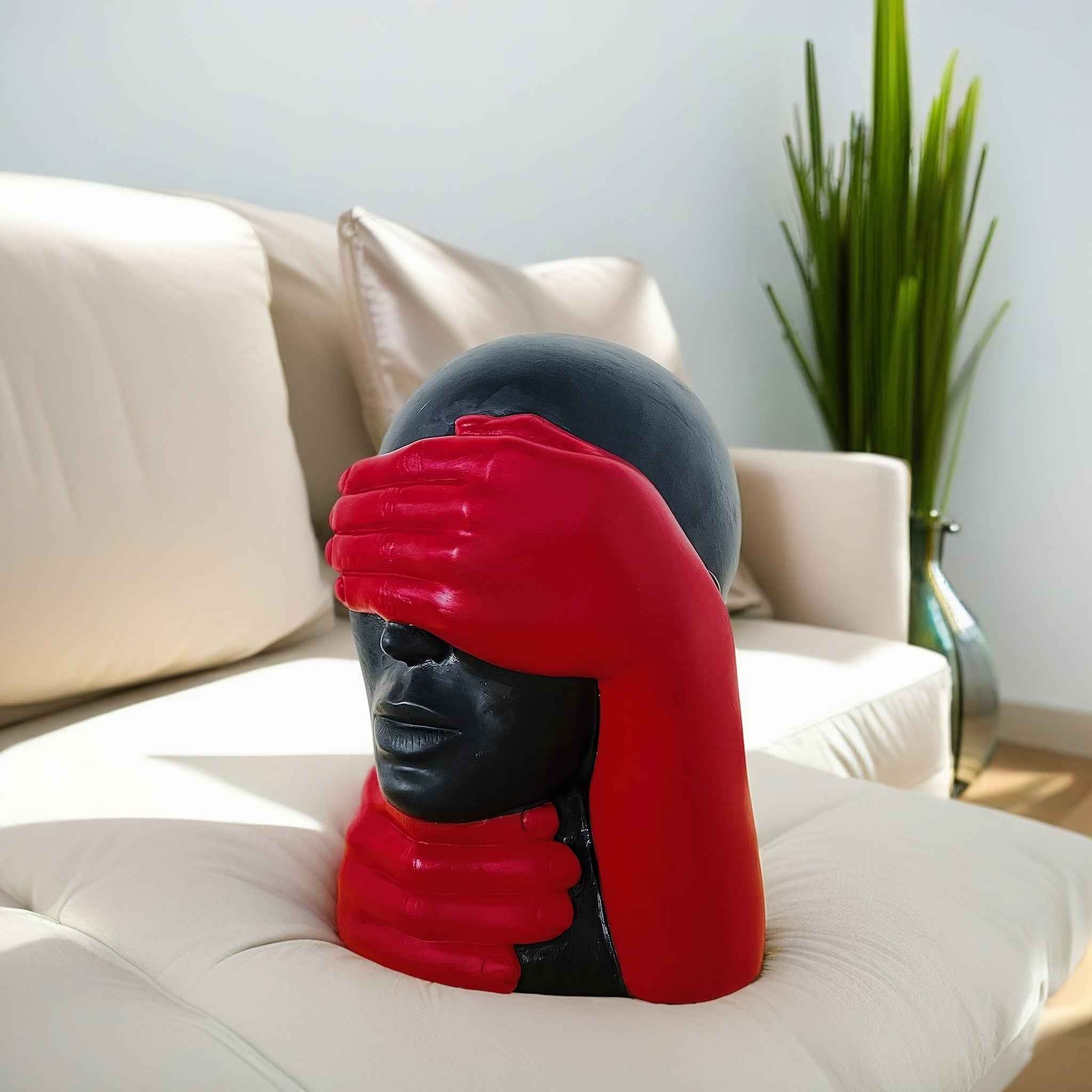 Modern Abstract Resin Sculpture - Hand-Covered Face Art Decor for Contemporary Home or Office, Black and Red Figurine, Unique Holiday Decoration, Holiday Decor Accent | Abstract Sculpture | Resin Construction, Statues for Hom