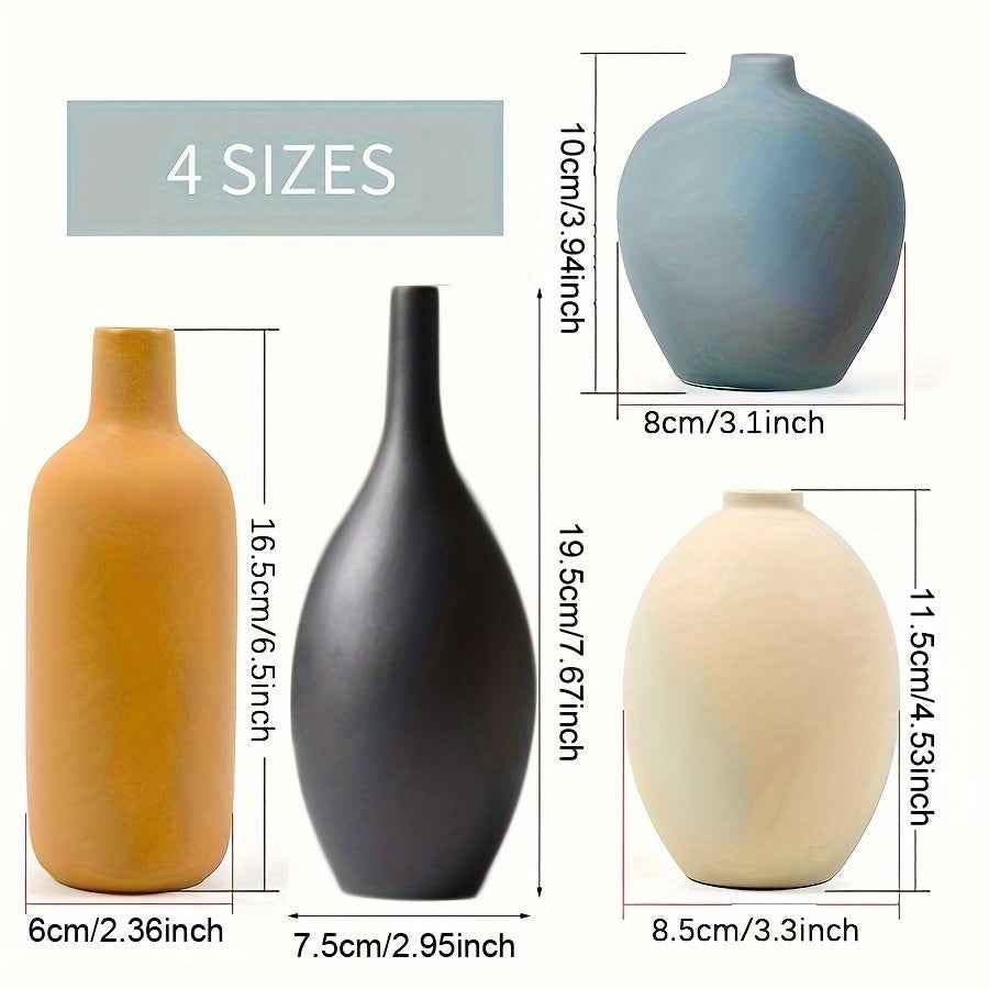 4pcs Art Deco Ceramic Vase Set, Minimalist Cylinder Shape in Black, Yellow, Blue, Beige - Modern Farmhouse Home Decor for Living Room, Shelf, Table, Bookshelf, Fireplace Mantel, Entryway - Ideal Gift for Loved Ones