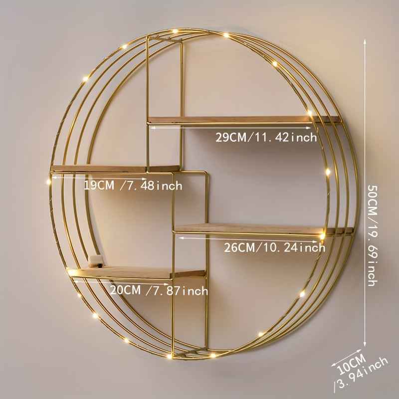 Golden, black, four-layer multi-functional storage shelf, round wall-mounted floating shelf - iron and wood combination, living room, bedroom, bathroom, dining and farmhouse storage multi-functional organizer (lights not incl