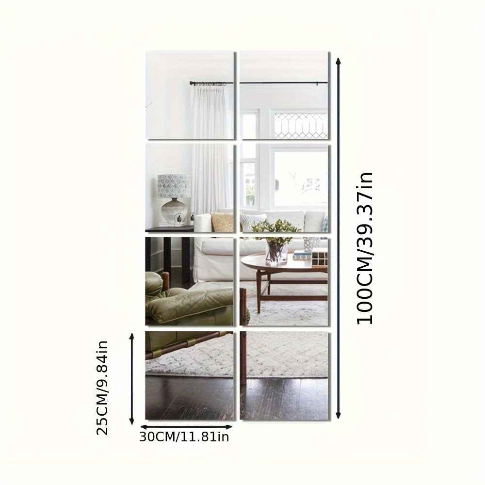 8pcs Classic Square Wall Mirror Tiles, 30.48cm x 25.4cm, Easy Stick-On Installation, Frameless Full-Length Dressing Mirrors for Bedroom, Home Gym, and Dorm Decor, Dorm Room Decor|Modern Aesthetic|Frameless Construction, Decor