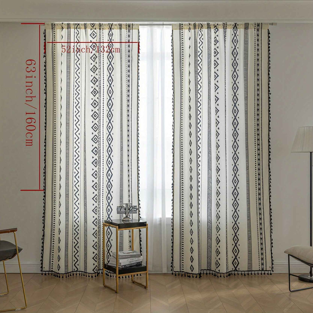 2 See Bohemian Black Geometric Tassel Kitchen Curtains, Black Modern Farmhouse Window Curtains for Bedroom, Living Room, Bathroom, Office - Polyester, Rod Pocket, Light Filtering, Washable
