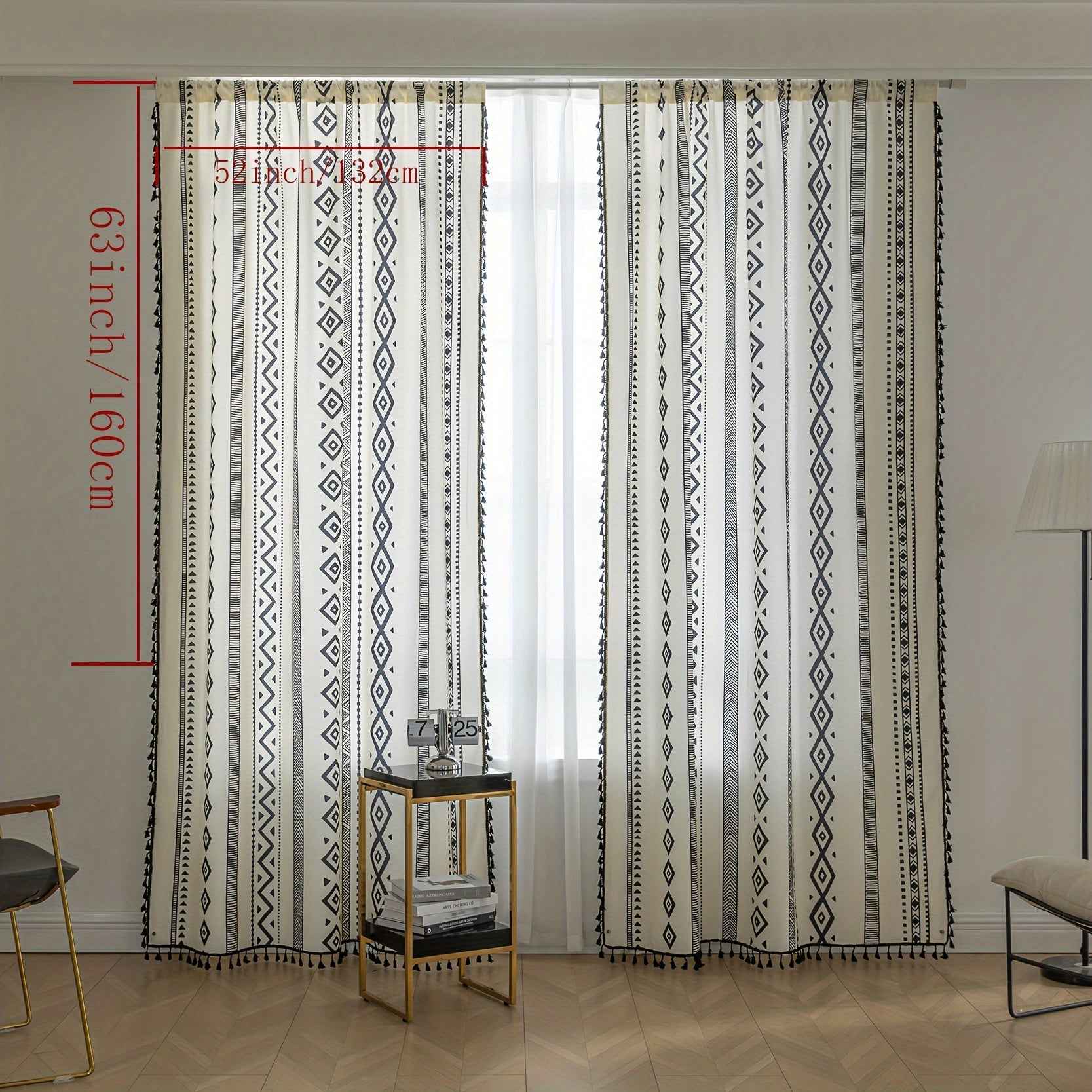 2 See Bohemian Black Geometric Tassel Kitchen Curtains, Black Modern Farmhouse Window Curtains for Bedroom, Living Room, Bathroom, Office - Polyester, Rod Pocket, Light Filtering, Washable