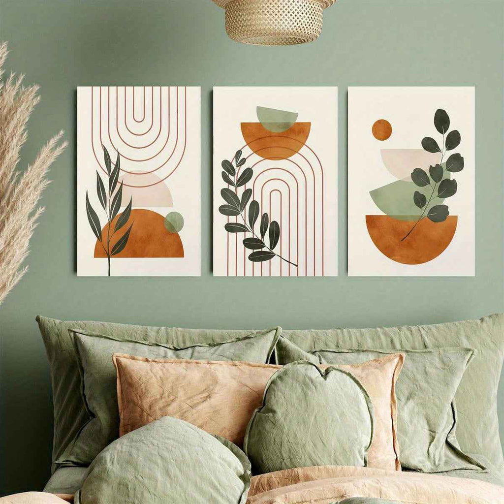 2D Flat, 3pcs Wooden Framed 2D Botanical Wall Art, Boho Print, Mid Century Wall Art, Sage Green Painting, Creative Canvas Poster, Waterproof Canvas Wall Decor, Artwork for Gift, Bedroom and Dormitory Decoration