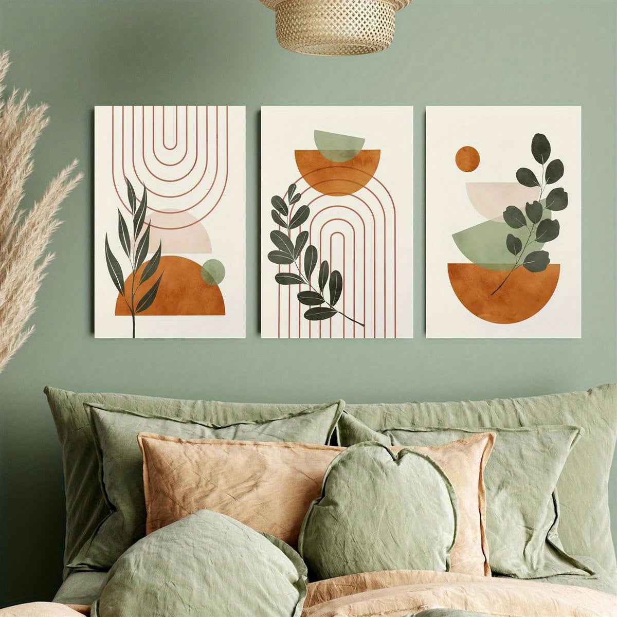 2D Flat, 3pcs Wooden Framed 2D Botanical Wall Art, Boho Print, Mid Century Wall Art, Sage Green Painting, Creative Canvas Poster, Waterproof Canvas Wall Decor, Artwork for Gift, Bedroom and Dormitory Decoration