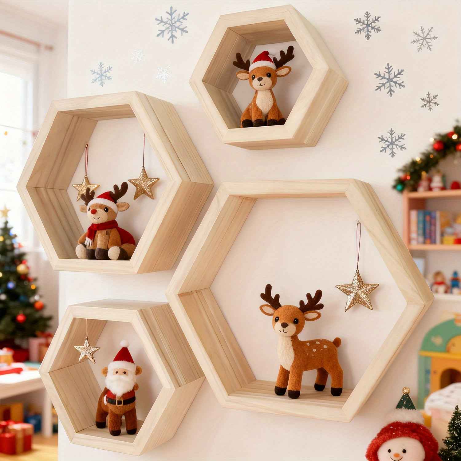 4pcs Large Wooden Hexagonal Wall Shelves, Open Display Design, Style Hexagon Geometric Profile Connecting Minimalist Aesthetic and Christmas Warm Atmosphere, Suitable For Christmas Home Wall Decor, Holiday Ambiance Enhancemen
