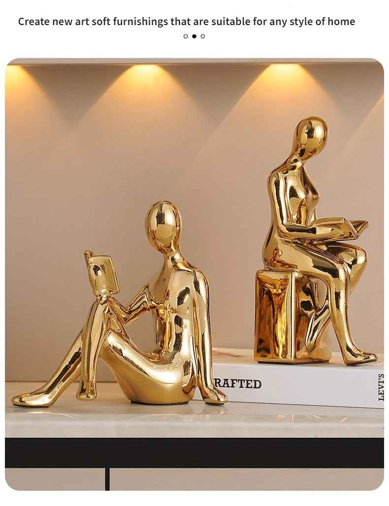 Modern Minimalist Gold-Tone Abstract Figurine Bookends: Perfect for Home Office or Living Room Decor
