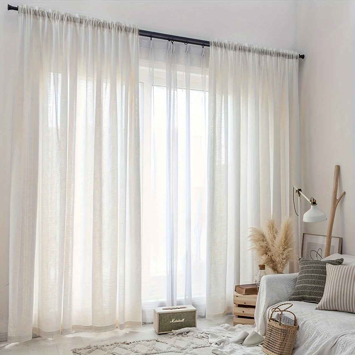 2pcs Beige Linen Sheer Curtains - Japanese Style, Light Filtering & Privacy Rod Pocket Design for Living Room and Bedroom Decor, Curtains for Living Room