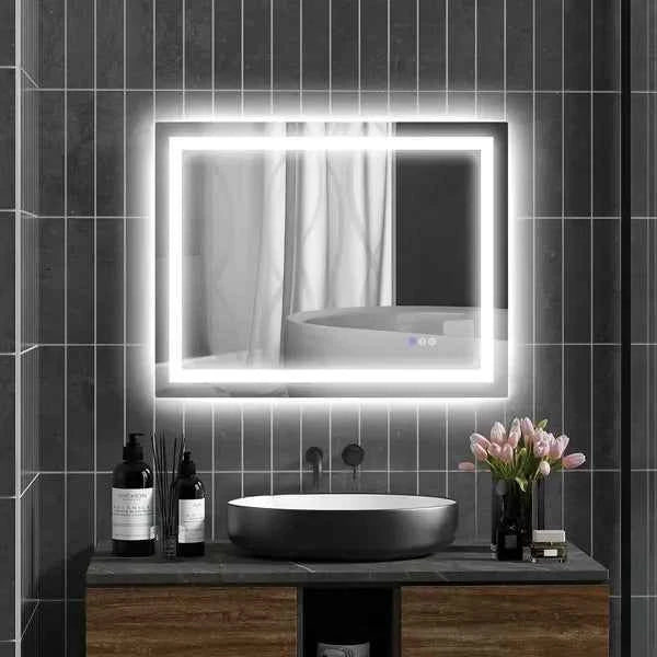Dimmable Glass Bathroom Mirror with Lights Modern Design 35" X 28" Backlit/Front Lit LED Anti-Fog Memory Infinite Color Temp