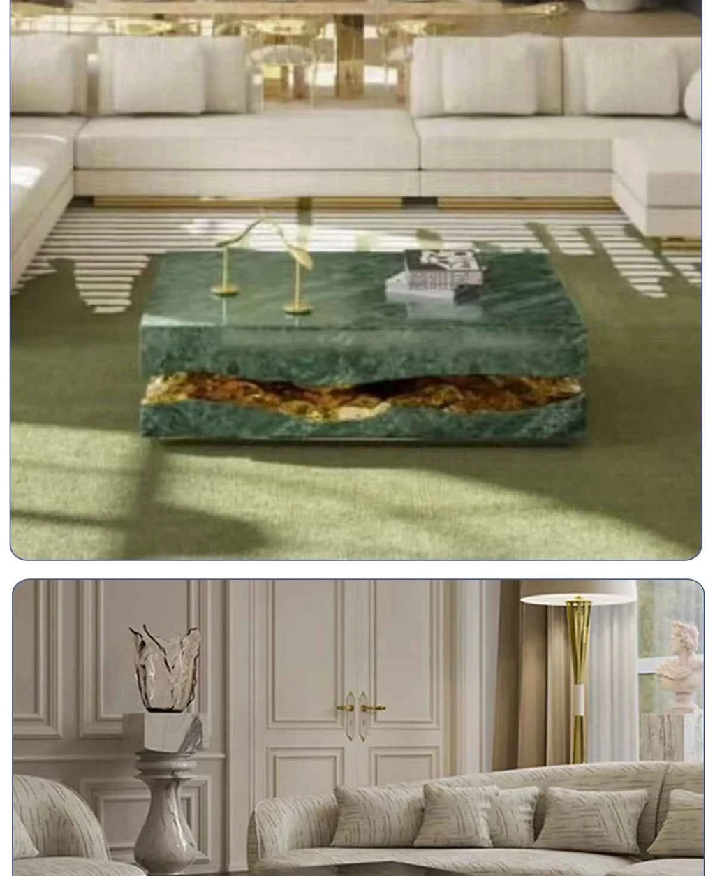 Italian Luxury Freeform Coffee Table w/ Metal Base -Designer Marble Top & Waterproof Surface for Villa Mansion Living Room Decor