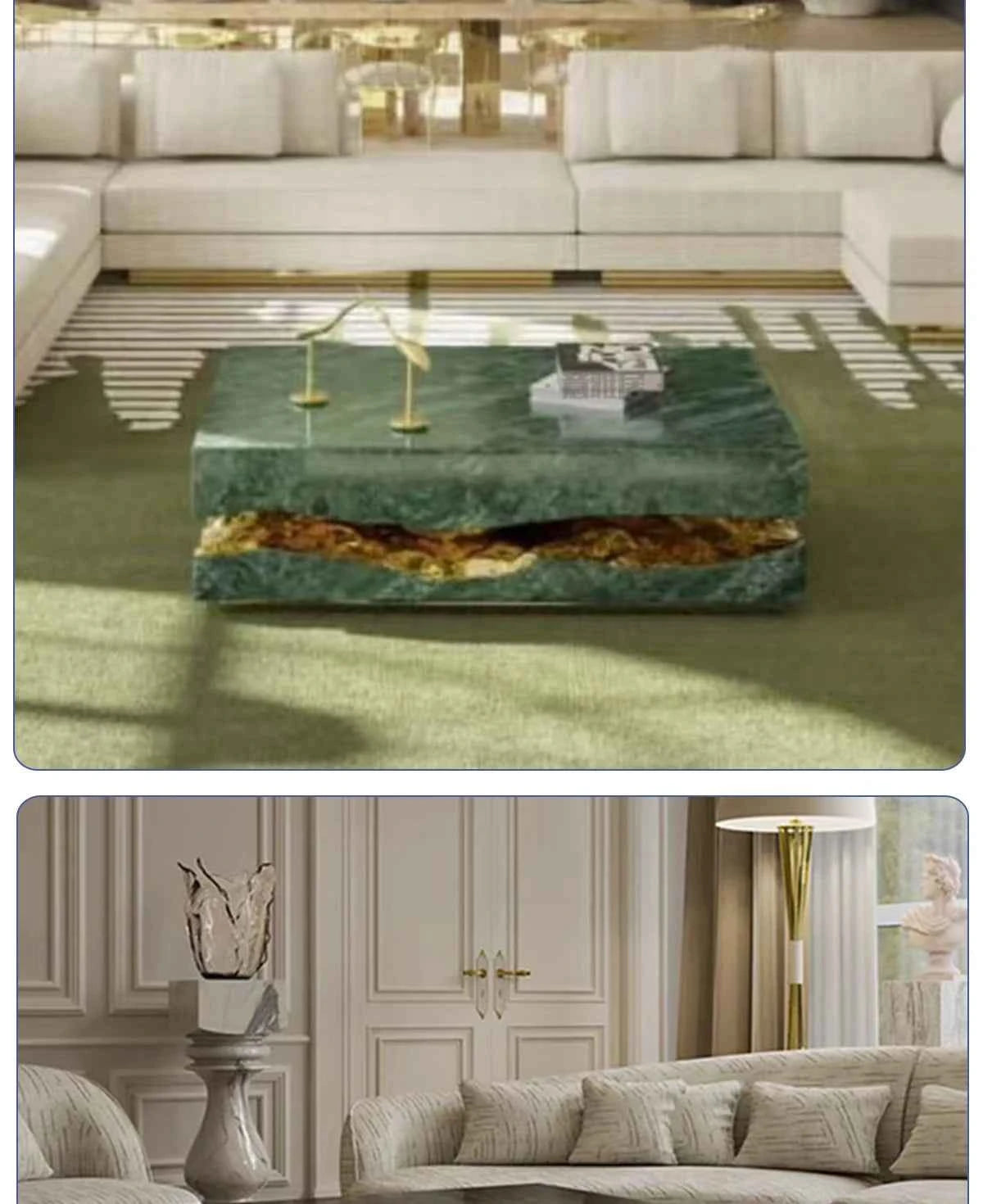 Italian Luxury Freeform Coffee Table w/ Metal Base -Designer Marble Top & Waterproof Surface for Villa Mansion Living Room Decor