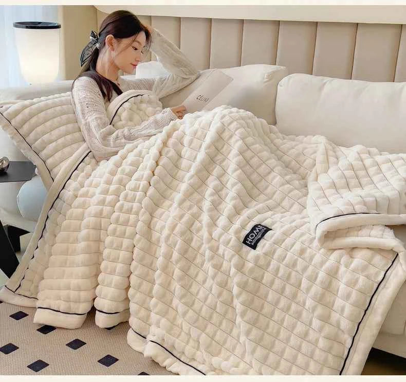 2025 A-Class Rabbit Fur Plush Blanket Multi-Functional Sofa Living Room Warm Decorative Autumn Winter Cozy Throw Blanket