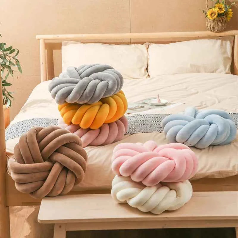 Cream Coffee Knot Pillow Ball Large Decorative Throw Pillows Velvet Round Knotted Pillow for Home Bed Room Couch Decor Office
