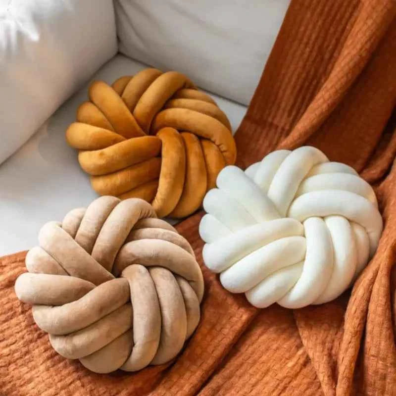 Cream Coffee Knot Pillow Ball Large Decorative Throw Pillows Velvet Round Knotted Pillow for Home Bed Room Couch Decor Office