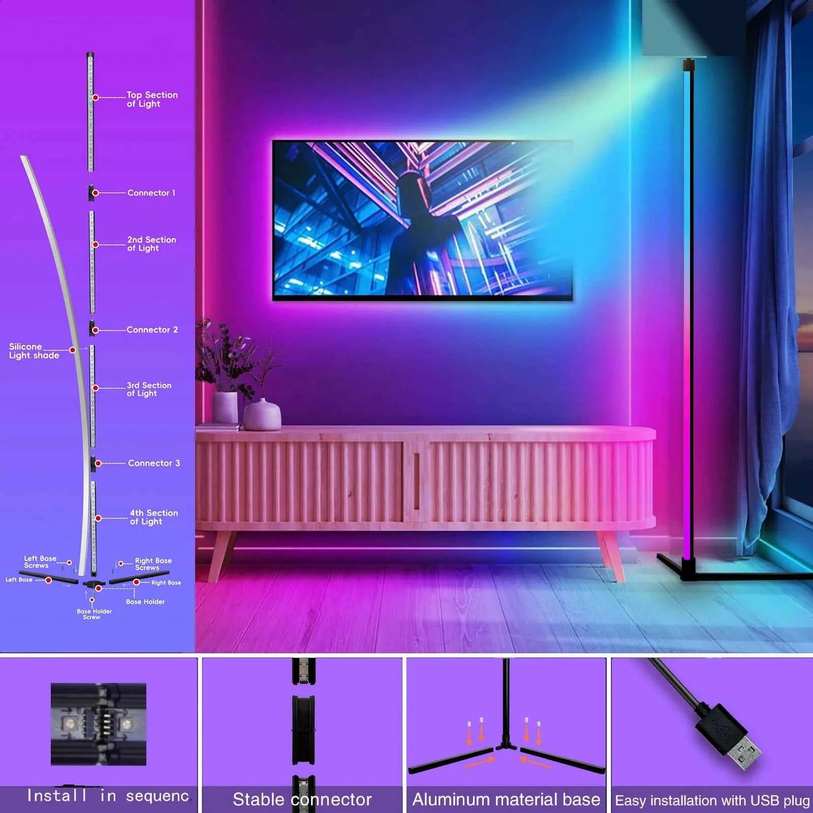 RGB Dream Color Floor Lamp with Music Sync Modern 16 Million Color Changing Standing Mood Light For Bedroom Living Room