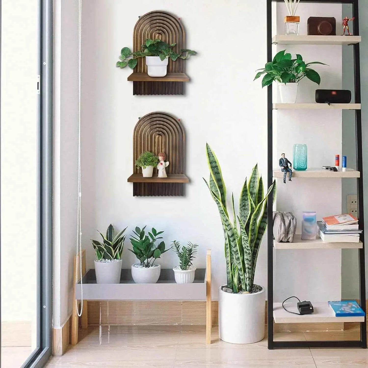 Boho Wooden Arch Wall Shelves Rustic Plants Decorative Shelf Storage Rack for Organizing & Displaying Artistic Home Decor Gifts