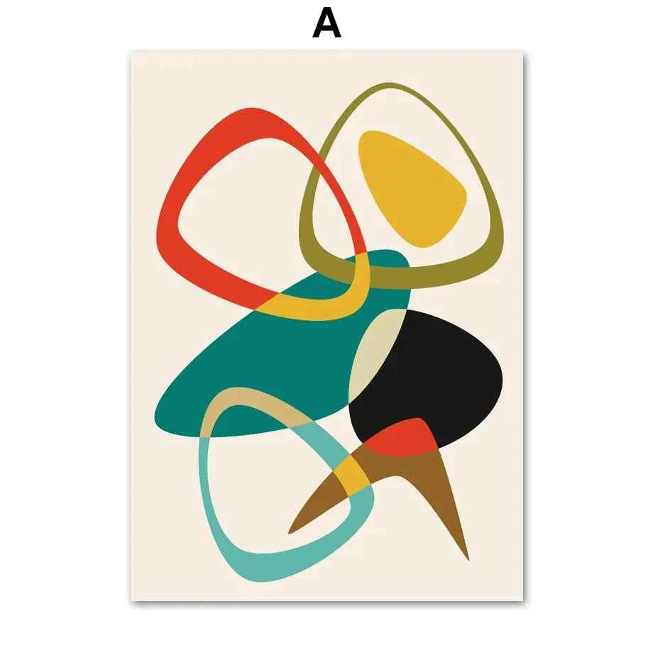 Mid Century Geometric Art Print - Unique Abstract Color Block Canvas Wall Art for Living Room Decor