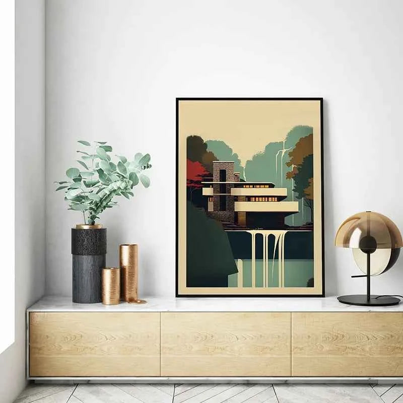 Fallingwater House Poster - Minimalist Bauhaus Classic Architecture Canvas Painting Wall Art for Living Home Decor