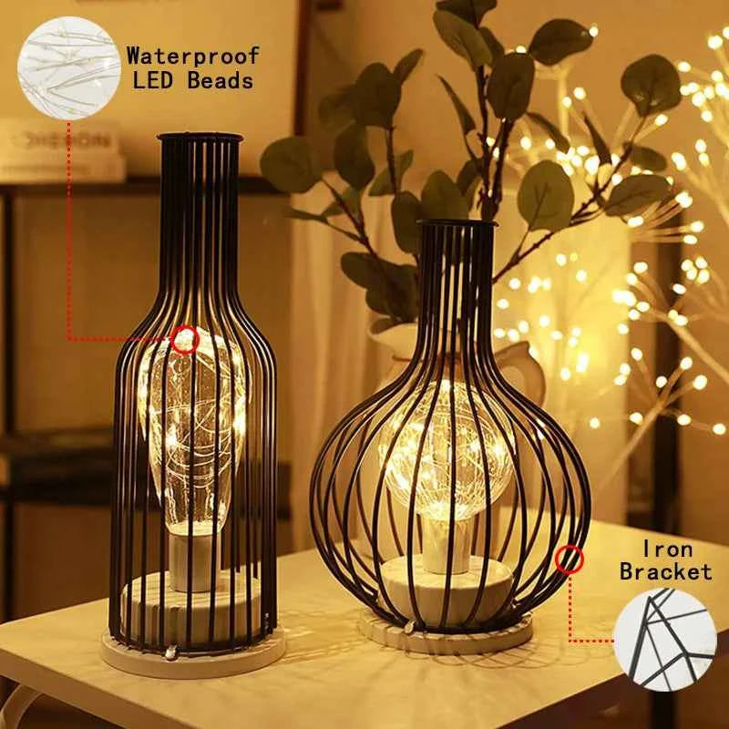 1PC Indoor Iron Wire Cage Design Night Light,Battery-Powered LED Lamp, Decorative Table Lighting for Bedroom, Living Room