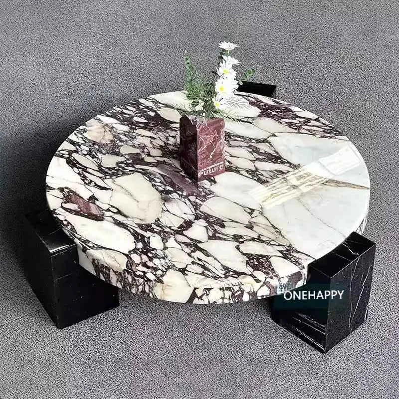 Luxury round Top Coffee Table in 100% Pure Calacatta Viola Marble with Black Marquina Marble Legs for Home Living Room