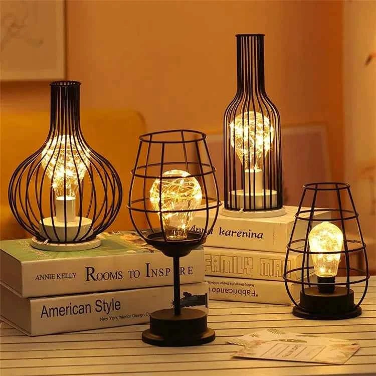 1PC Indoor Iron Wire Cage Design Night Light,Battery-Powered LED Lamp, Decorative Table Lighting for Bedroom, Living Room