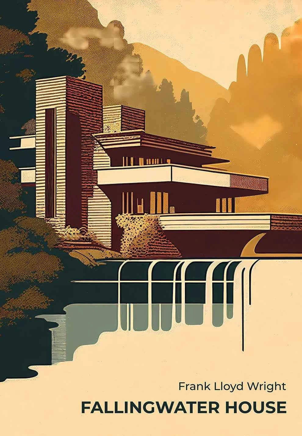 Fallingwater House Poster - Minimalist Bauhaus Classic Architecture Canvas Painting Wall Art for Living Home Decor