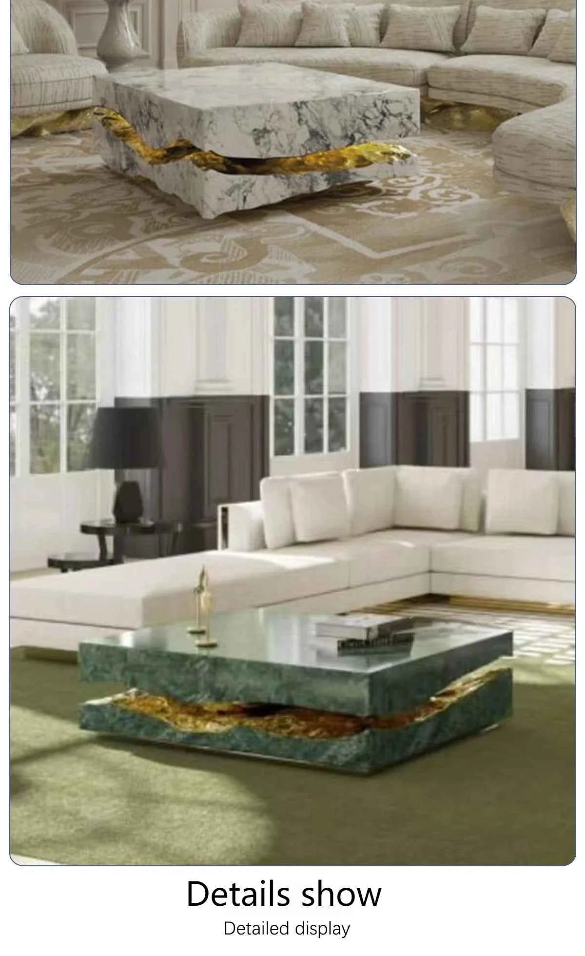 Italian Luxury Freeform Coffee Table w/ Metal Base -Designer Marble Top & Waterproof Surface for Villa Mansion Living Room Decor