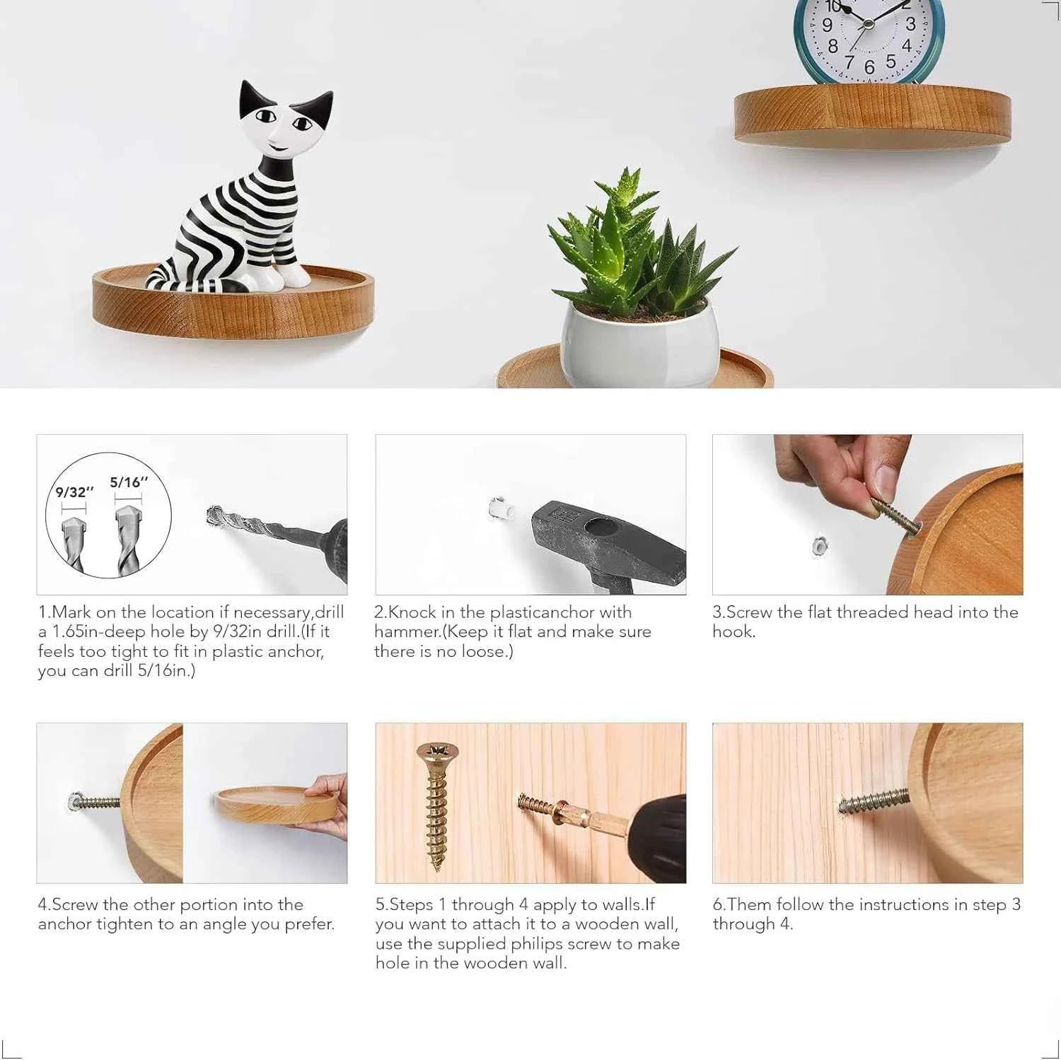 3/6Pcs Wooden Wall Mounted Display Shelf Oak Wood Round Wall Shelves Floating Plant Flower Pot Tray Racks For Home Decoration