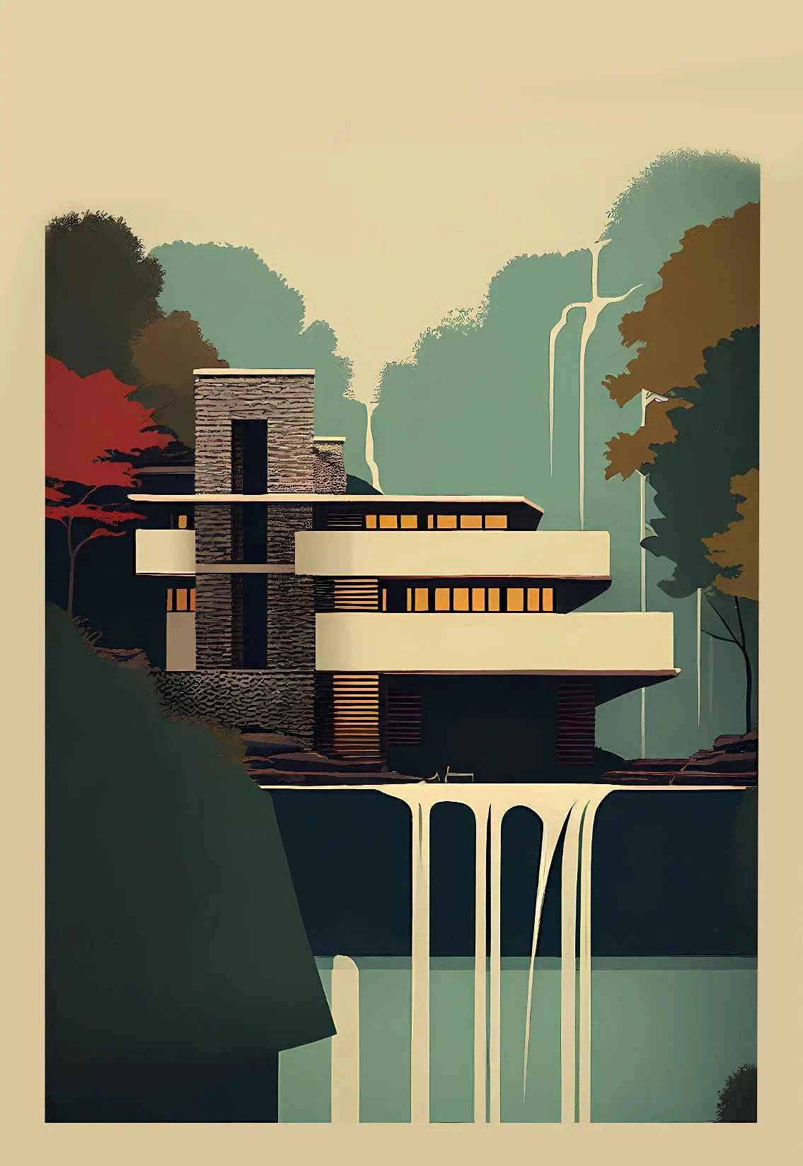 Fallingwater House Poster - Minimalist Bauhaus Classic Architecture Canvas Painting Wall Art for Living Home Decor