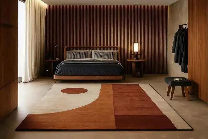 Mid-Century Modern Area Rug in Beige and Rust - Abstract Geometric Carpet for Bedroom and Living Room Home Decor