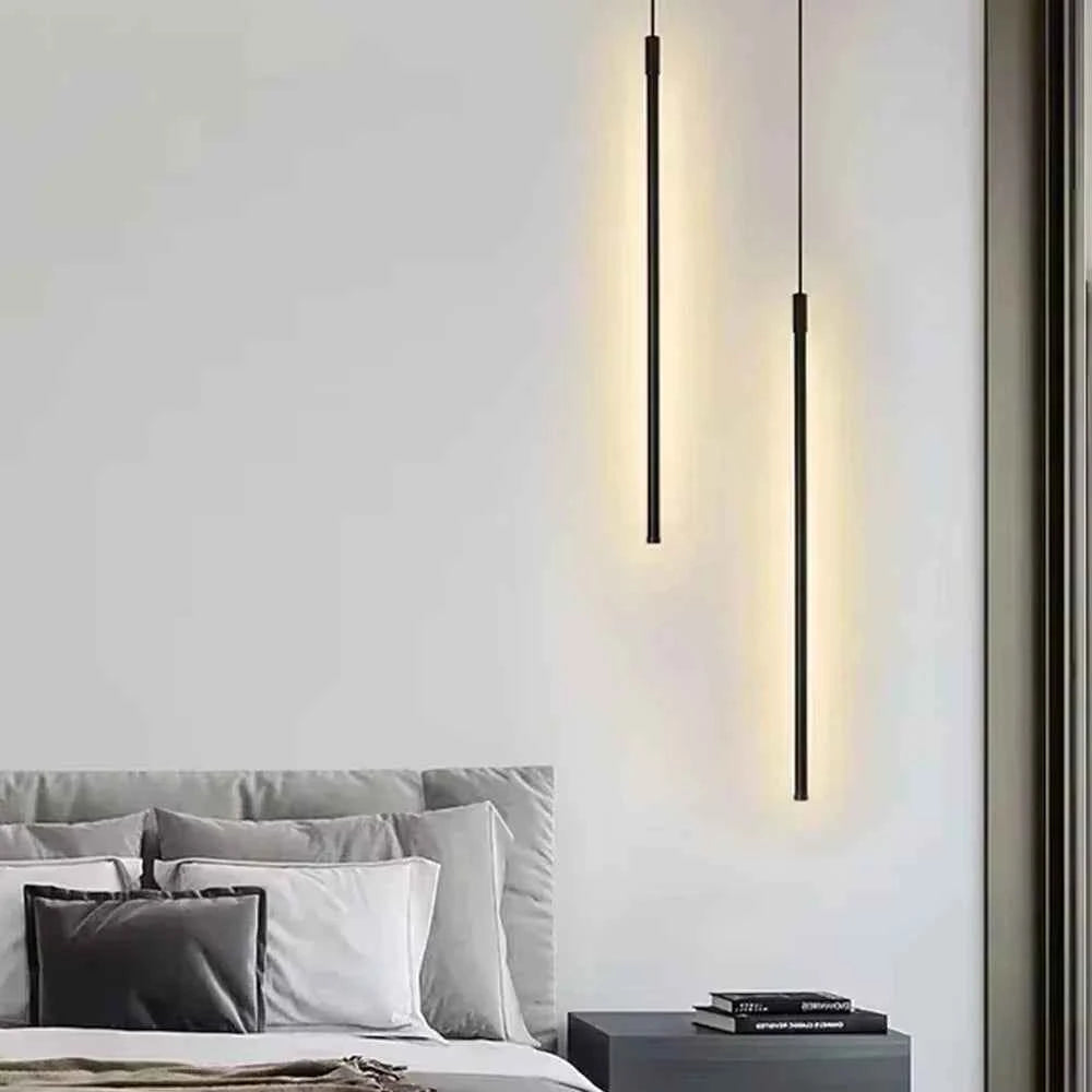 Modern LED Long Pendant Lights for Dining Room Bedroom Bedside Hanging Lamp Background Chandeliers Design Line Lighting Fixtures