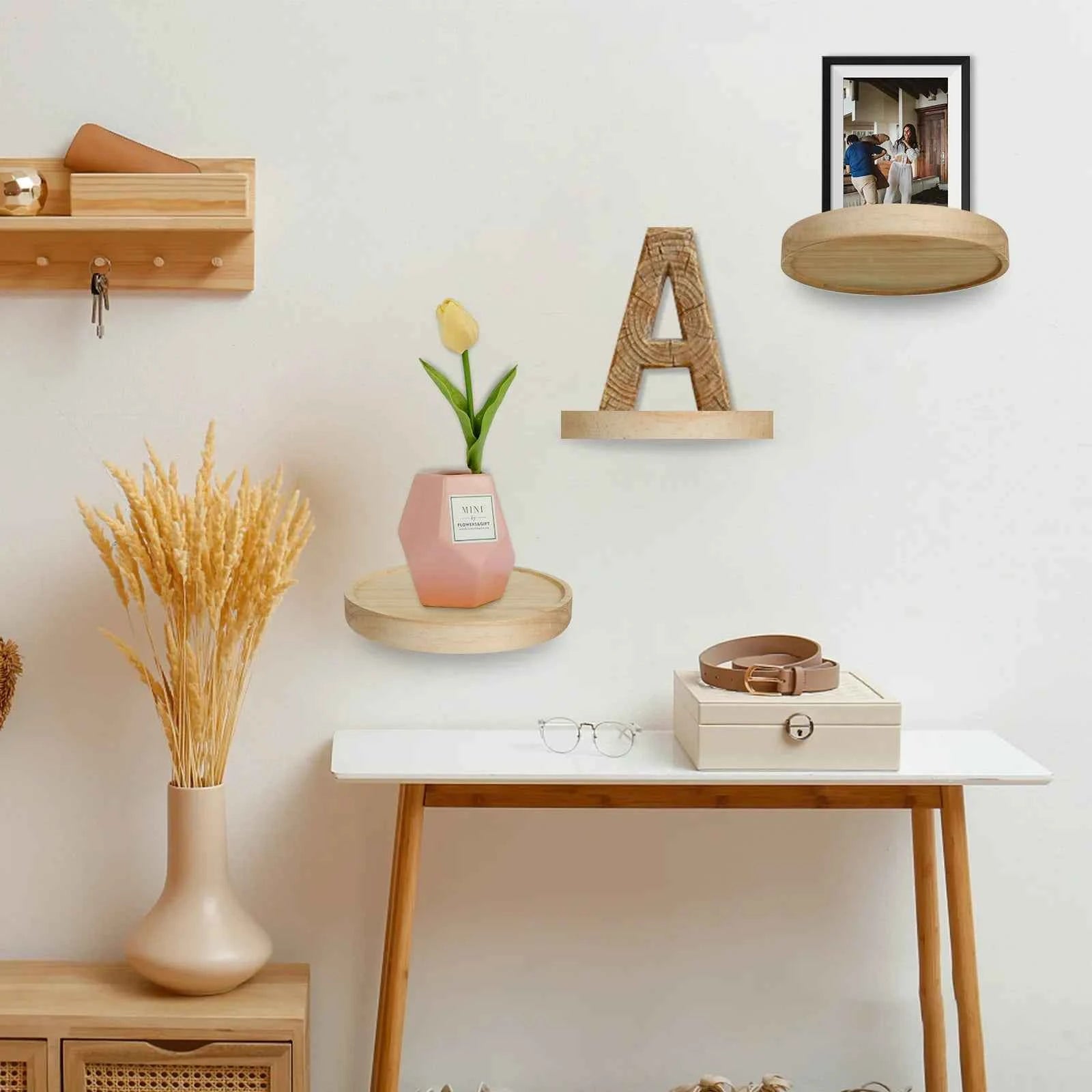 3/6Pcs Wooden Wall Mounted Display Shelf Oak Wood Round Wall Shelves Floating Plant Flower Pot Tray Racks For Home Decoration