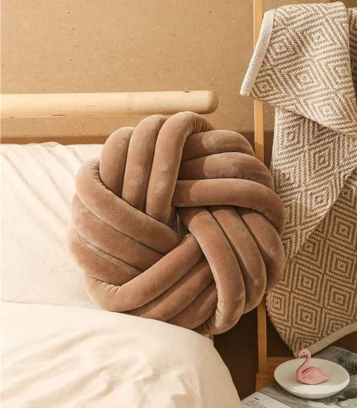 Cream Coffee Knot Pillow Ball Large Decorative Throw Pillows Velvet Round Knotted Pillow for Home Bed Room Couch Decor Office