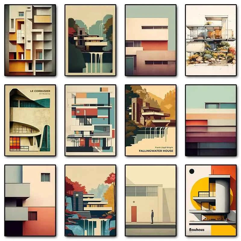 Fallingwater House Poster - Minimalist Bauhaus Classic Architecture Canvas Painting Wall Art for Living Home Decor