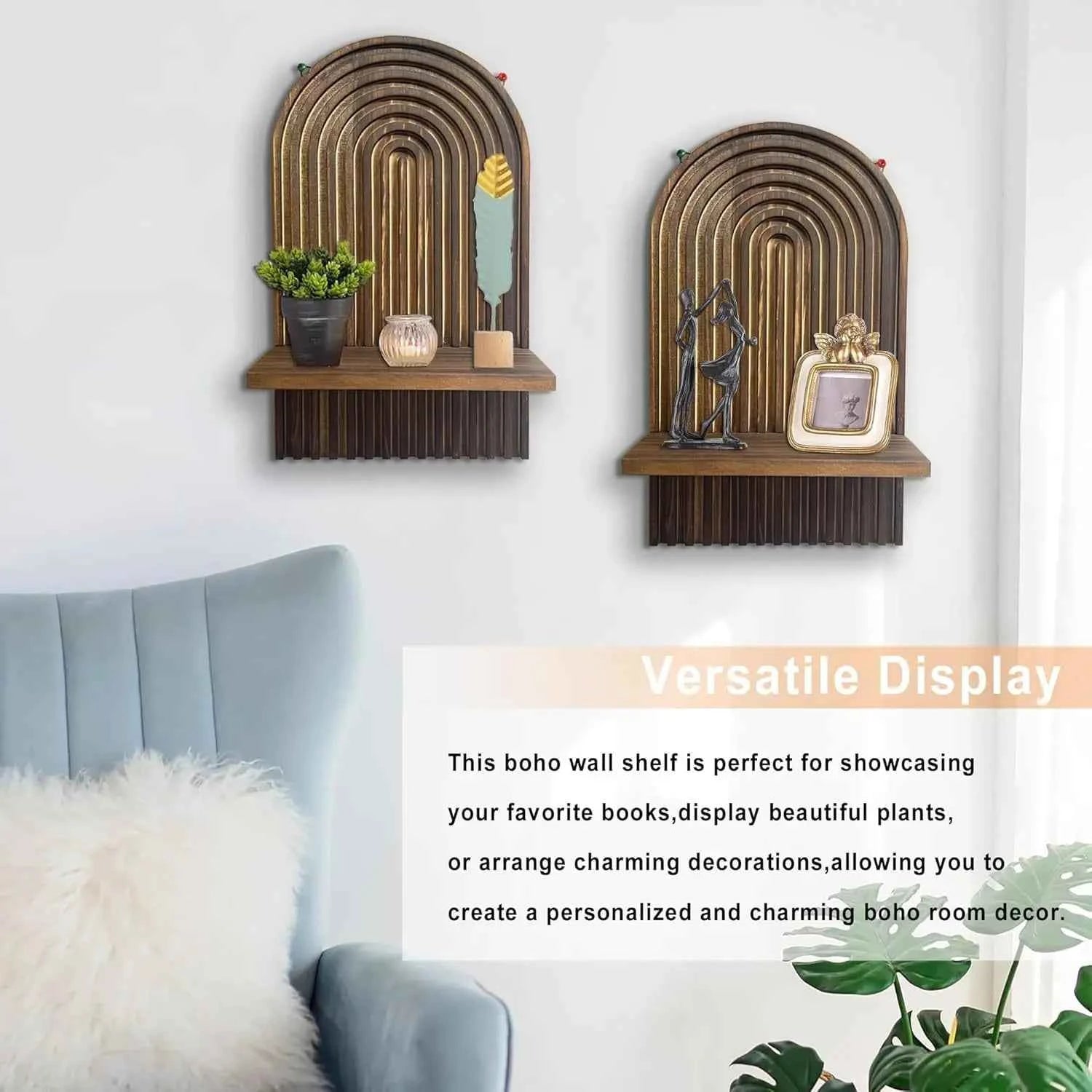 Boho Wooden Arch Wall Shelves Rustic Plants Decorative Shelf Storage Rack for Organizing & Displaying Artistic Home Decor Gifts