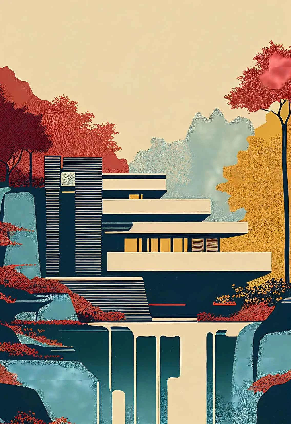 Fallingwater House Poster - Minimalist Bauhaus Classic Architecture Canvas Painting Wall Art for Living Home Decor
