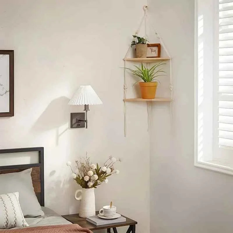 Corner Shelf Macrame Wall Hanging Wood Floating Shelves Rustic Boho Wall Shelf Decor Storage Rack for Plants Pots Photo Frames