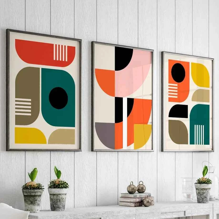 Mid Century Geometric Art Print - Unique Abstract Color Block Canvas Wall Art for Living Room Decor