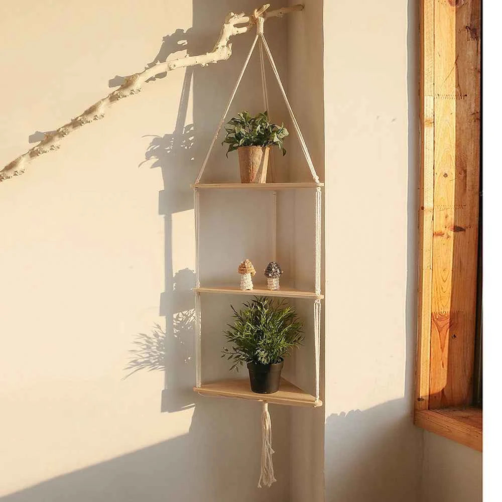 Corner Shelf Macrame Wall Hanging Wood Floating Shelves Rustic Boho Wall Shelf Decor Storage Rack for Plants Pots Photo Frames