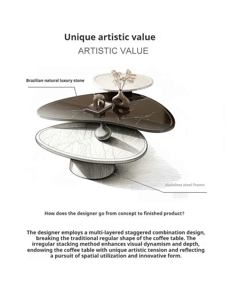 "Luxury Natural Stone Coffee Table - Italian Designer Marble Tea Table, Artistic Freeform Shape for Modern Living Room"