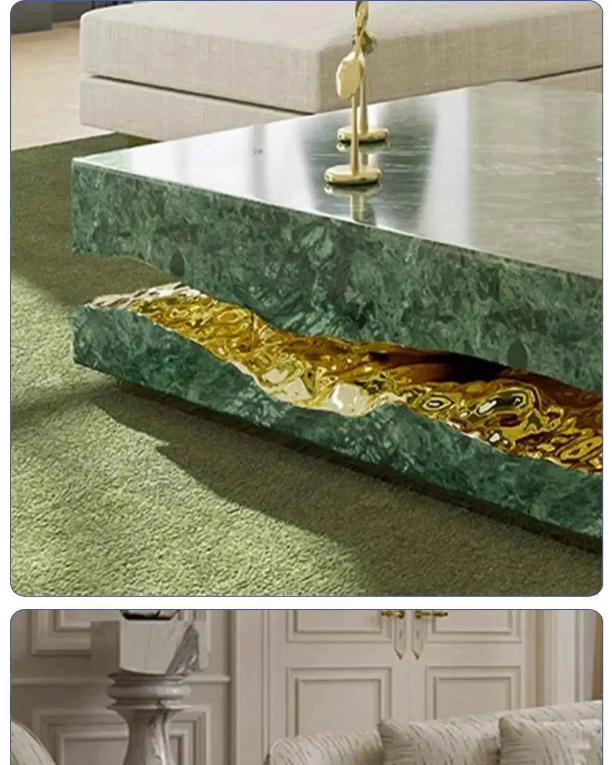 Italian Luxury Freeform Coffee Table w/ Metal Base -Designer Marble Top & Waterproof Surface for Villa Mansion Living Room Decor