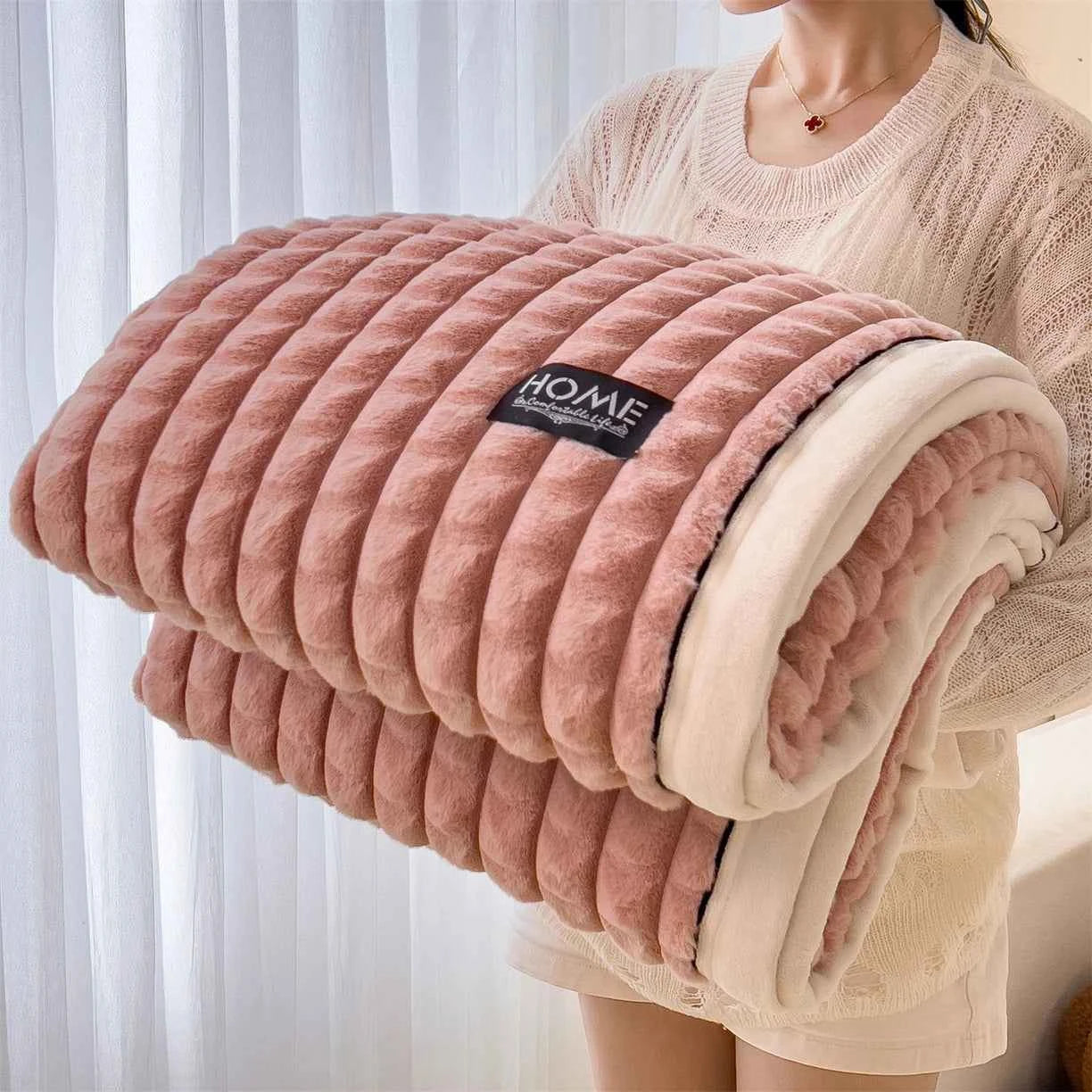 2025 A-Class Rabbit Fur Plush Blanket Multi-Functional Sofa Living Room Warm Decorative Autumn Winter Cozy Throw Blanket