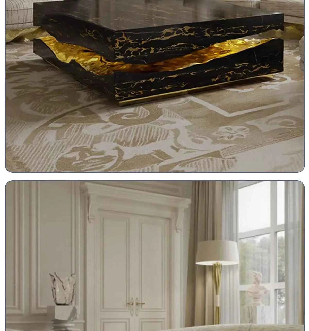 Italian Luxury Freeform Coffee Table w/ Metal Base -Designer Marble Top & Waterproof Surface for Villa Mansion Living Room Decor