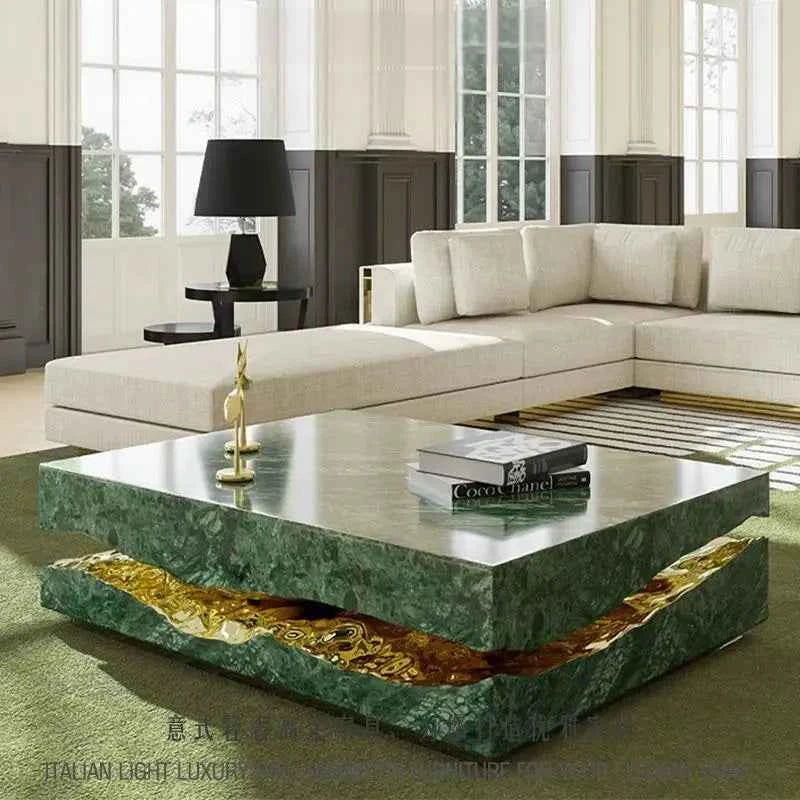 Italian Luxury Freeform Coffee Table w/ Metal Base -Designer Marble Top & Waterproof Surface for Villa Mansion Living Room Decor