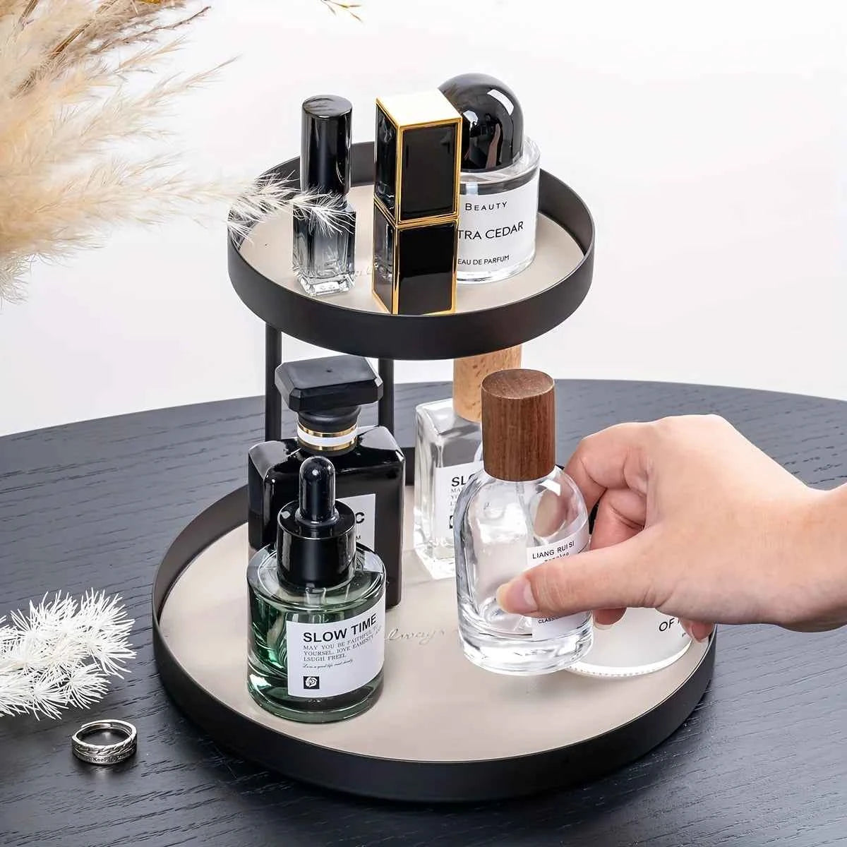 Nordic Metal Display Shelf, 2-Tier Cosmetic & Jewelry Organizer. Under 27", Fits Bedroom, Bathroom, Entryway. Painted Finish.