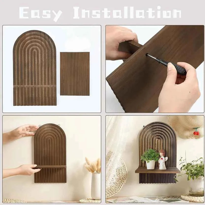 Boho Wooden Arch Wall Shelves Rustic Plants Decorative Shelf Storage Rack for Organizing & Displaying Artistic Home Decor Gifts