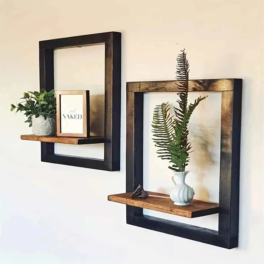 Rustic Wood Shelf Bracket - Wall Mounted Display Rack for Plants, Photos, Decor. Farmhouse Style.